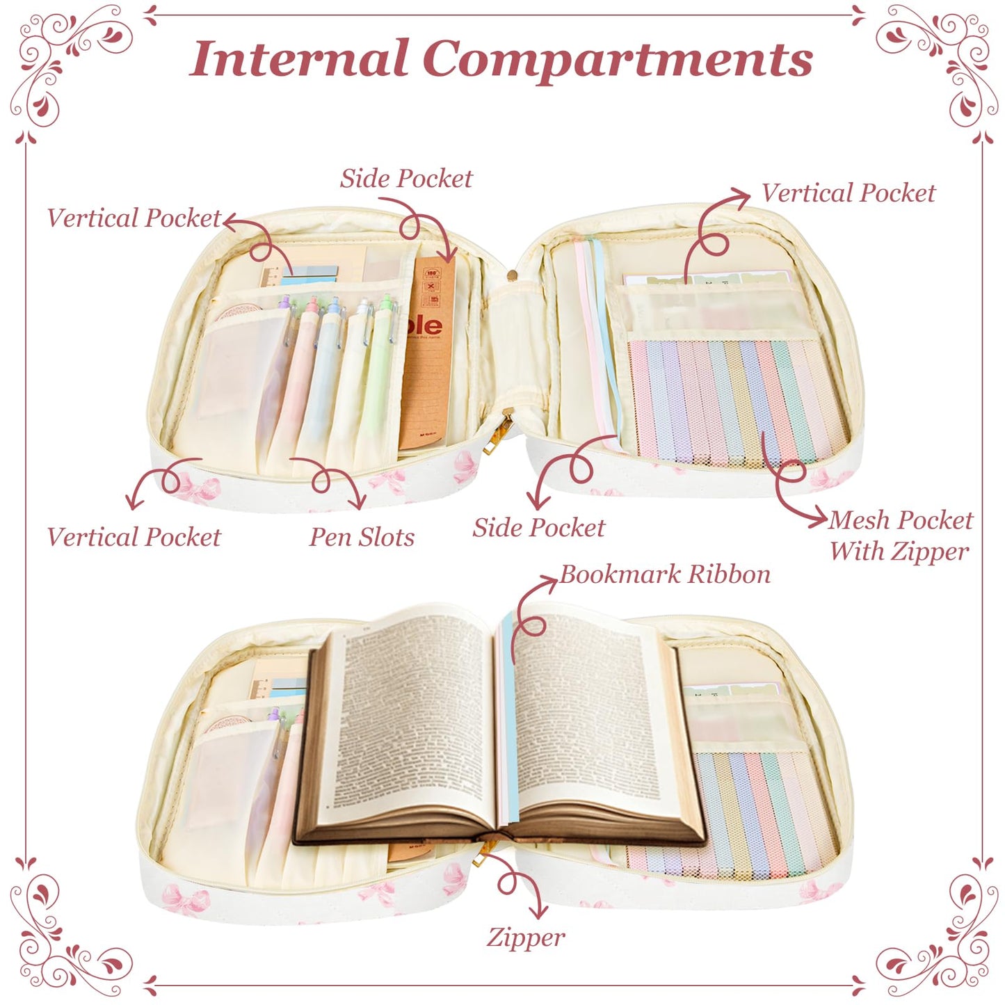 Ecehyon Bible Cover Case for Women,Large Quilted Case with Handle,Included Diverse Bible Study Supplies,Christian Gift for Women (Pink Butterfly, 11.8 * 9.6 * 2.4 in)