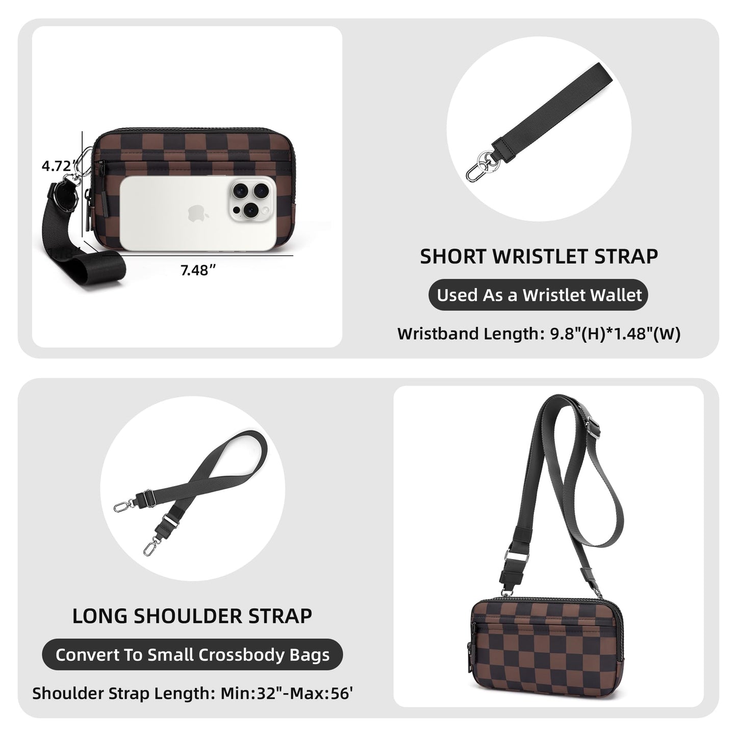 FODOKO Wristlet Wallet for Women RFID Crossbody Bag with 4 Zippers, Small Purse with Card Holder & Phone Pocket, Lightweight Travel Cell Phone Organizer