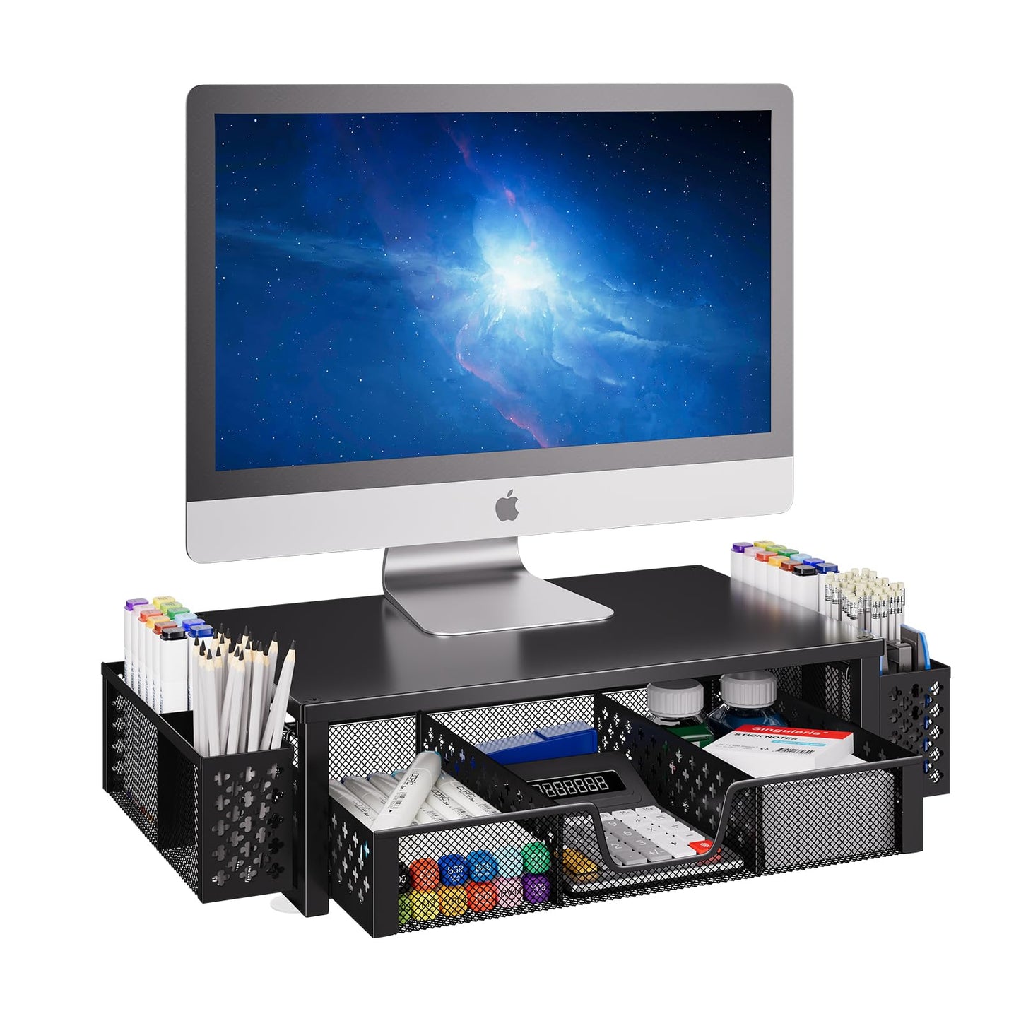 Simple Trending Desk Organizer and Accessories, Computer Metal Monitor Stand Riser with Drawer and Pen Holder for Laptop, Computer, iMac, Black
