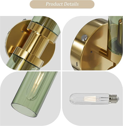 Rechargeable Battery Wall Sconce Set of Two, 8000mAh Cordless, Dimmable, Timer, Remote, Touch Control, USB-C Charging for Living Room, Bedroom Gold with Green Lampshade (Include 4 Special Bulbs)