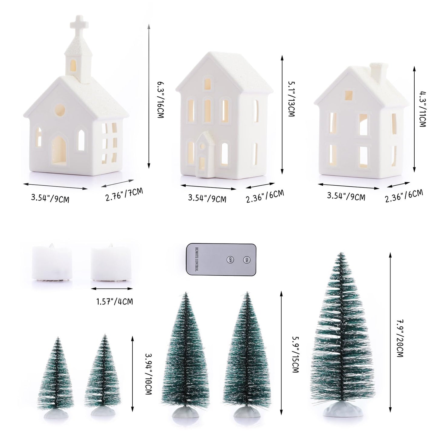 BUTITNOW 9 Pcs Christmas Village Figurines Sets - 4 Lighted Ceramic Houses with Remote Control & 5 Trees - Christmas Decorations Indoor - White Xmas Holiday Farmhouse Rustic Decor for Home Table Room