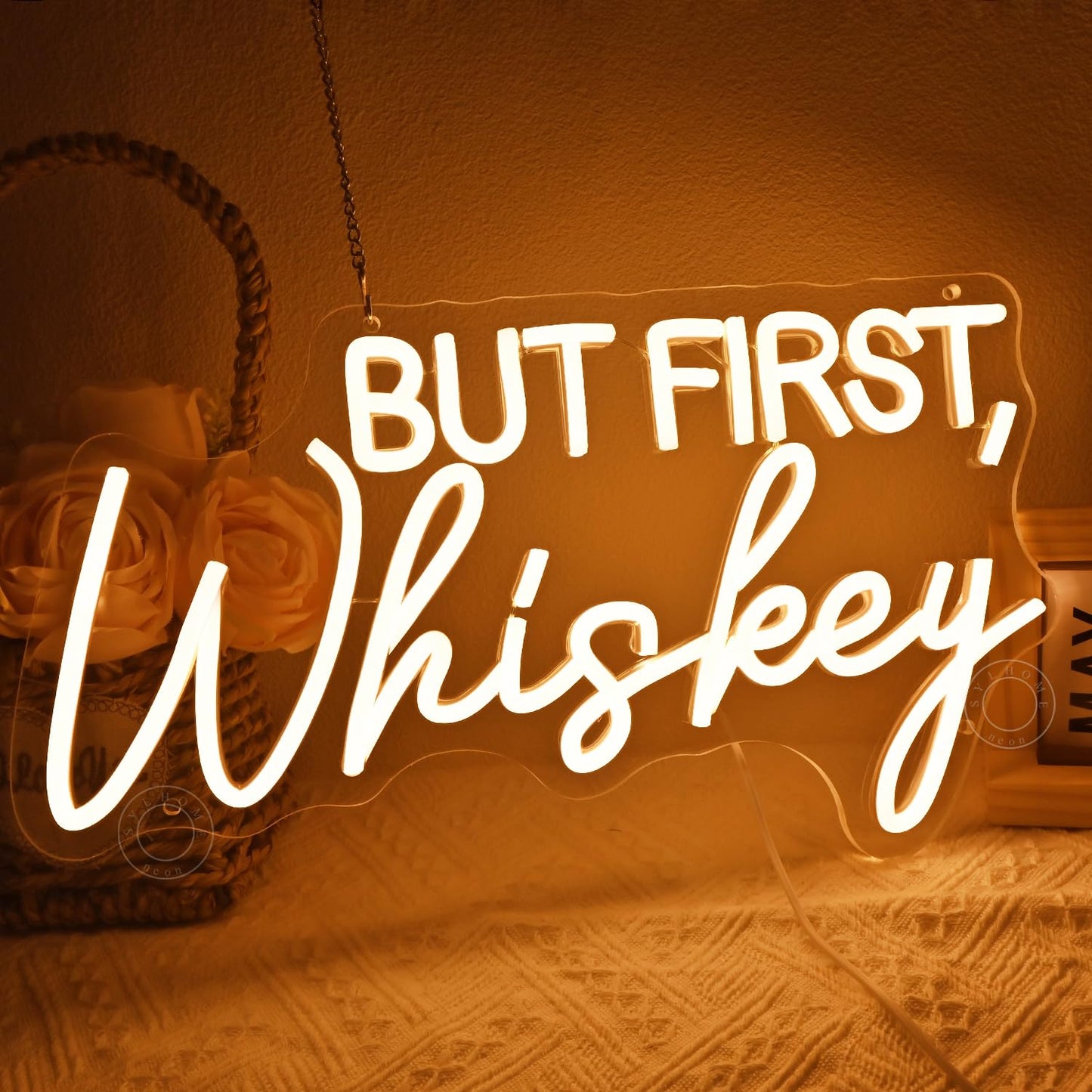 SYLHOME But First Whiskey Led Neon Light Sign Home Bar Home Bedroom Pub Wall Sign Decor Wedding Birthday Christmas Party Backdrop 15.75" X 8.82" USB