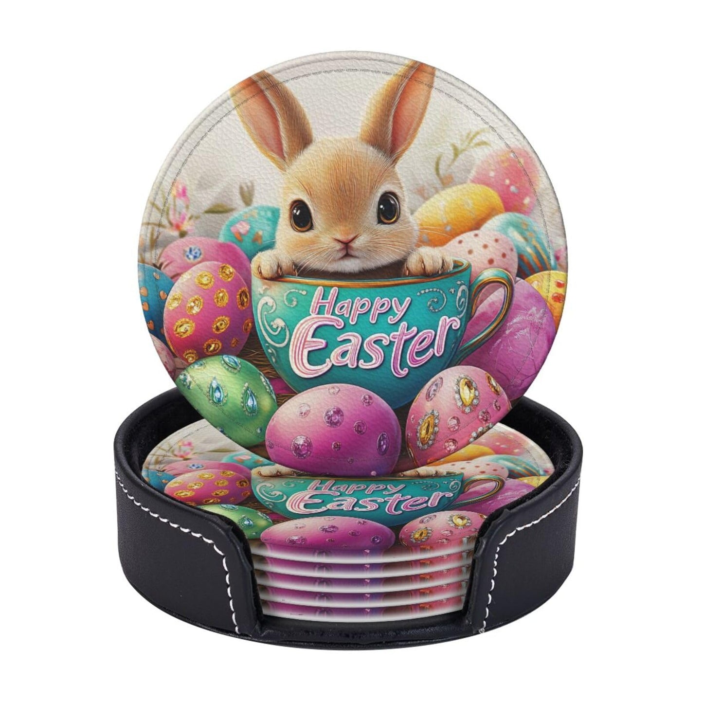 6 Pcs Easter Bunny Coasters for Drinks with Holder Round Leather Coasters Easter Coaster Sets Personalized Drink Coasters Coffee Table Cup Coaster Beer Coasters
