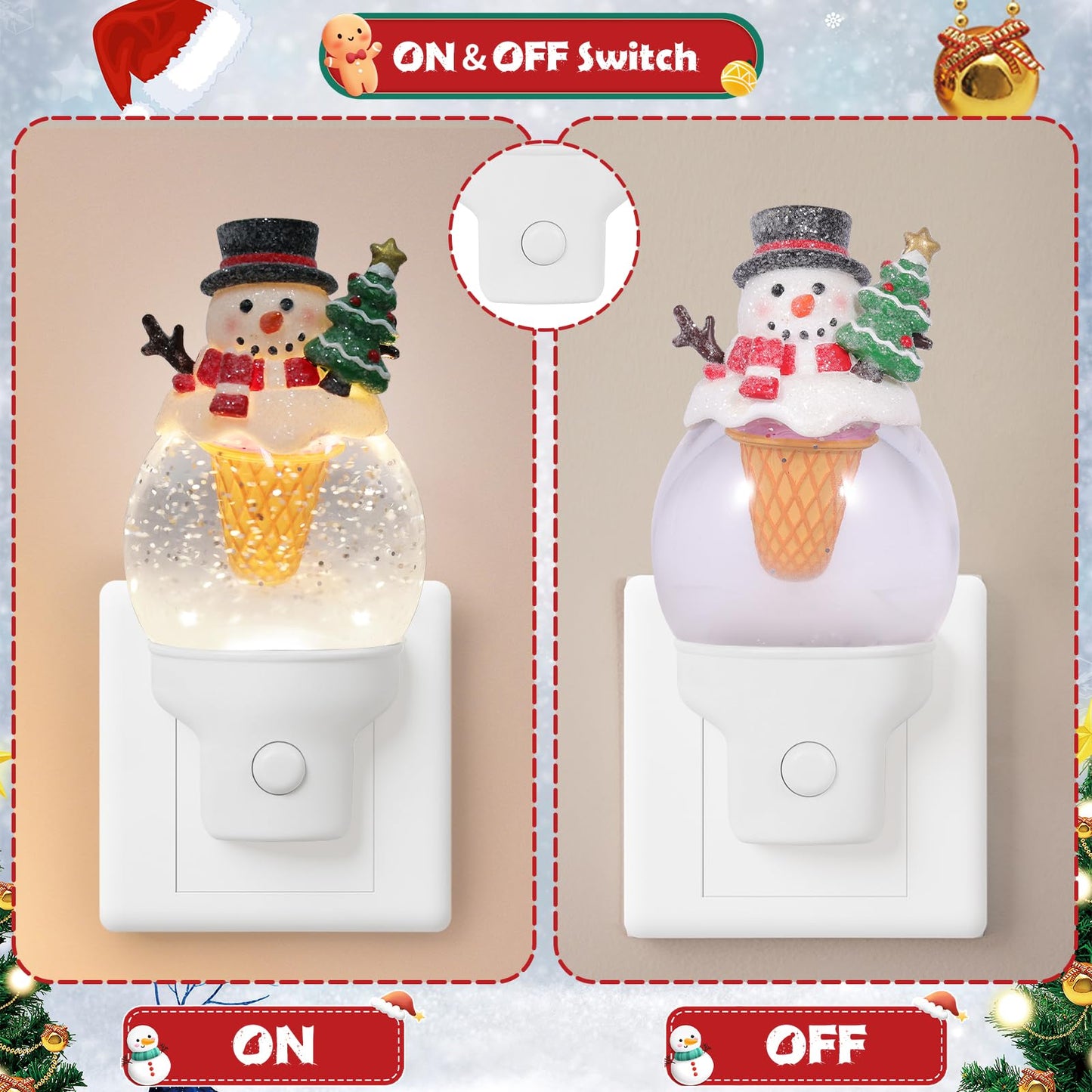 Christmas Night Light Plug into Wall Glitter Water Nightlight with USB/Outlet Options, Christmas Snowman Ice Cream Decorative Nightlight for Bedroom Holiday Decorations Gifts (Snowman Ice Cream)