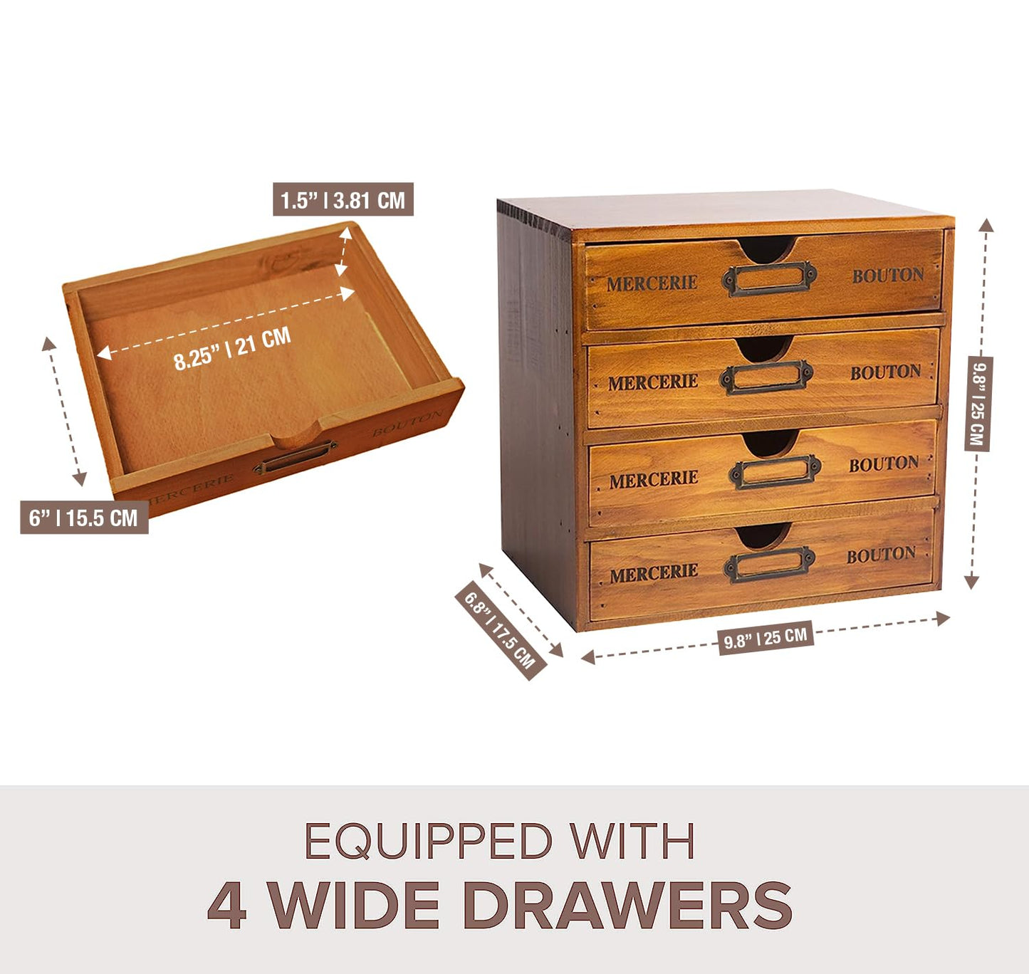 Modular Stackable Apothecary Cabinet 4 Drawer Desk Organizer - Retro Library Card Catalog Wood Storage Box - Organize Stationery, Thread Embroidery, Sewing, Crafts, Junk Drawer & Supplies Countertop