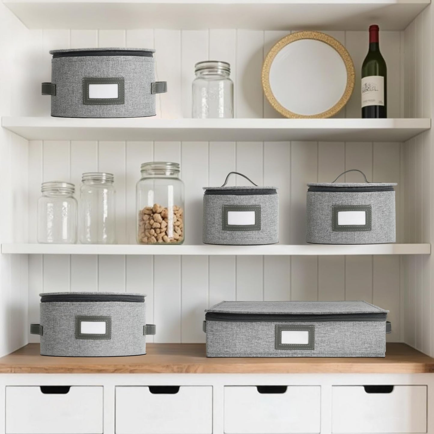 HOMELUX THEORY Hard Shell China Storage Containers, 8pc Light Gray Mug & Plate Storage Box, Kitchen Storage Bins With Lids, Heavy Duty Moving Box with Handles for Dishes, Silverware, Cup & Mug