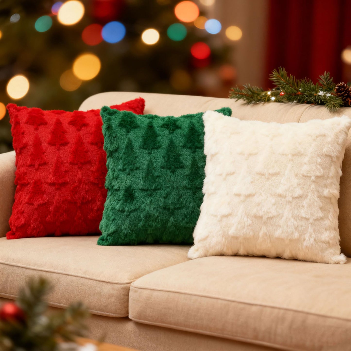 Octisys 3-Pack Christmas Tree Pillow Covers 18x18 Inch - Xmas Throw Pillow Cover Decorations - Soft Plush Cushion Case for Christmas Sofa Couch Bed Room Decoration - Winter Holiday Home Decor