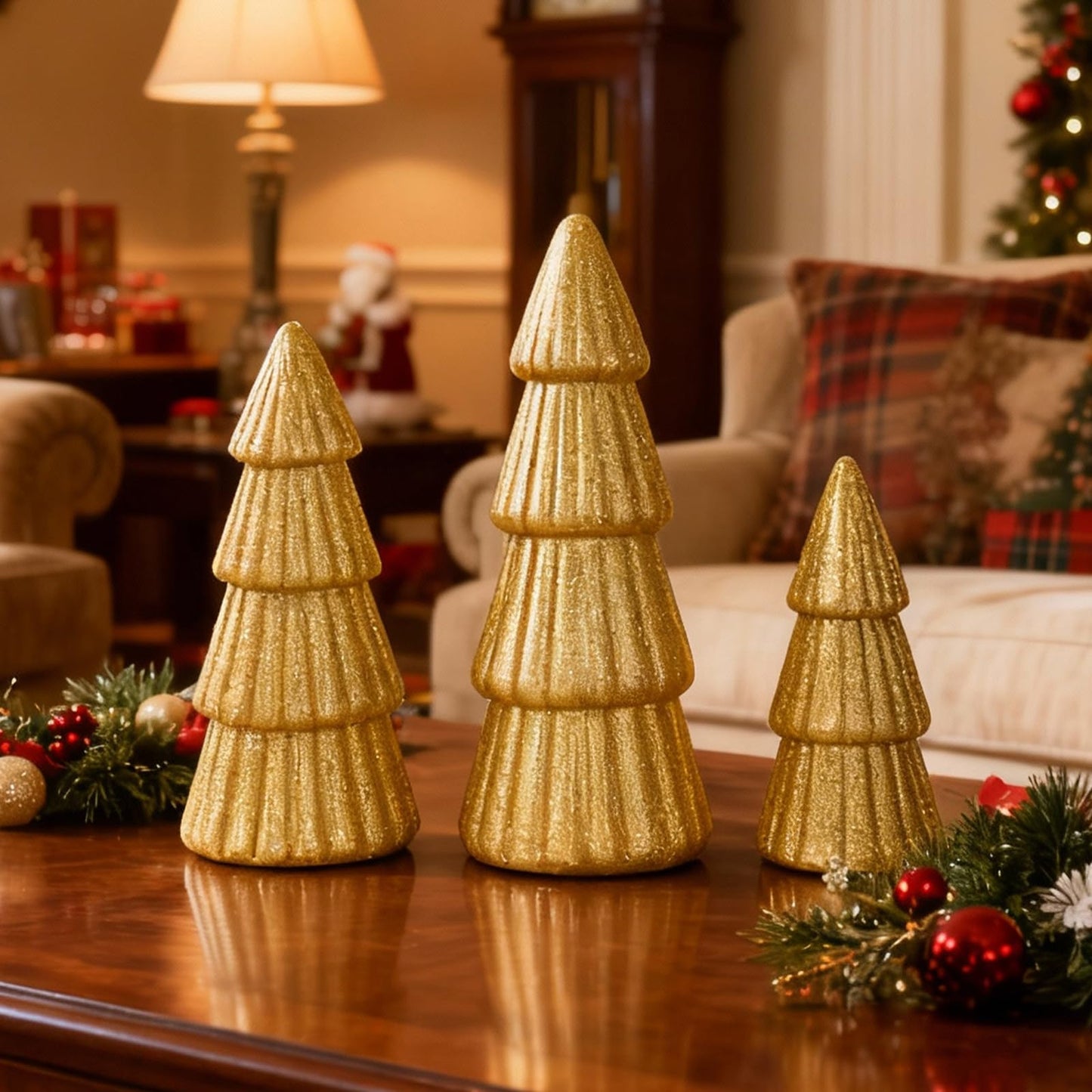 Joyhalo Tabletop Christmas Trees, Set of 3 Frosted Christmas Trees Indoor Xmas Decoration Centerpieces for Table, Mantel, Holiday, Party and Home Decor, Gold