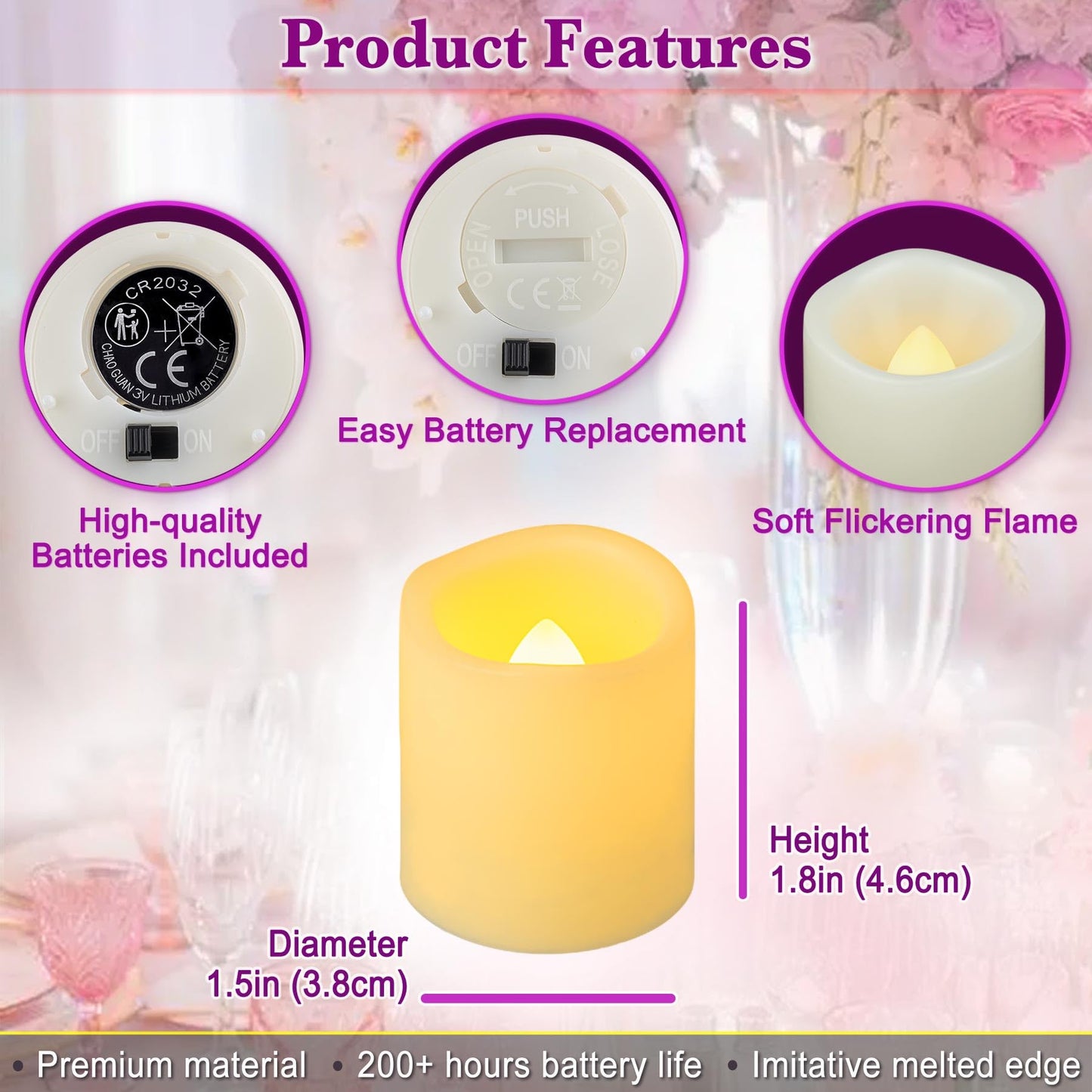 Yakpo 36 Pack 1.5" x 1.8" Flameless Tea Lights Battery Operated, LED Votive Tealights Flickering, Electric Flicker Outdoor Fake Candles Bulk for Wedding Halloween Lantern Christmas Home Decorations