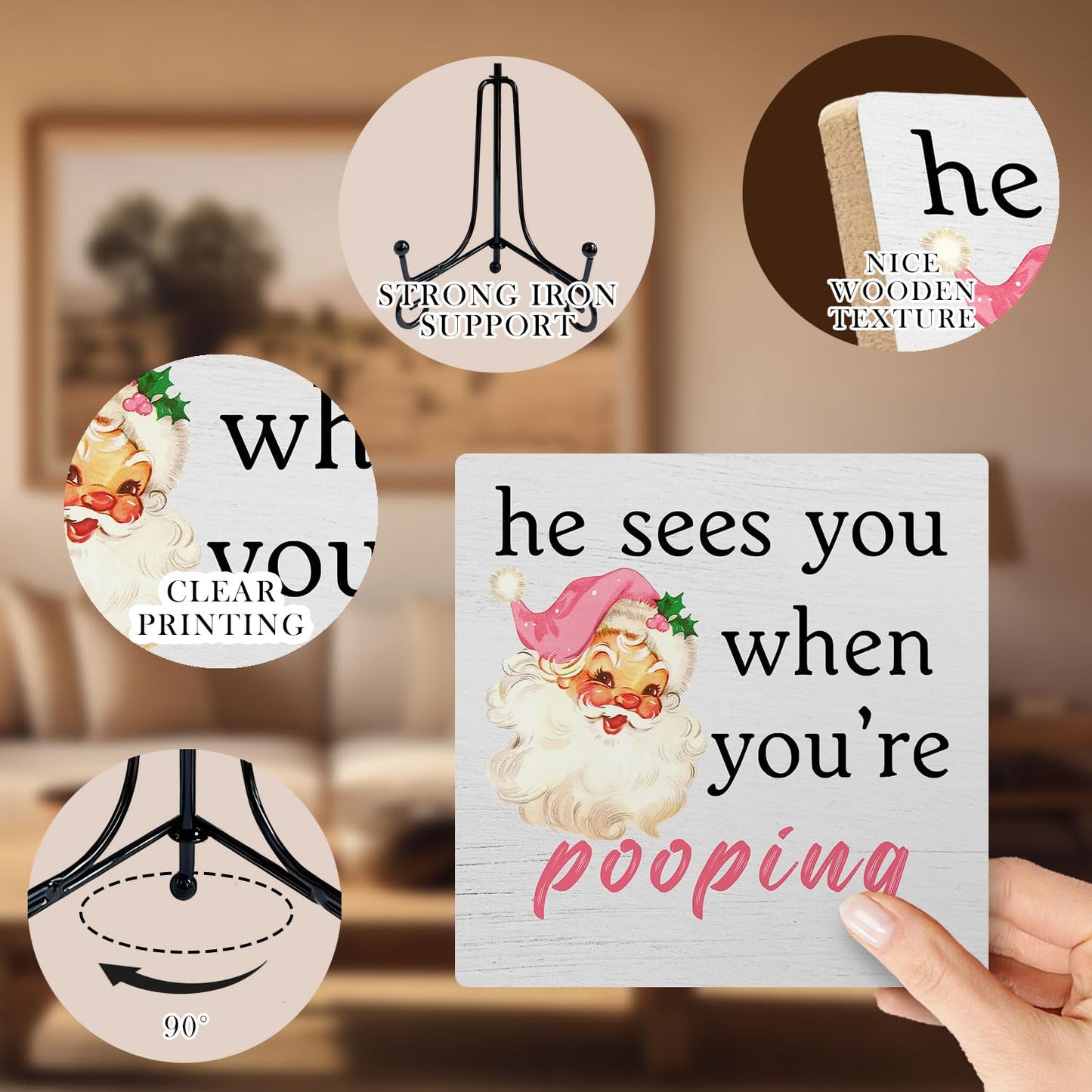 SkipTiger Funny Christmas Bathroom Wooden Desk Sign, He Sees You When You're Pooping Pink Christmas Santa Wood Plaque With Stand for Bathroom Toilet Restroom Shelf Counter Decor