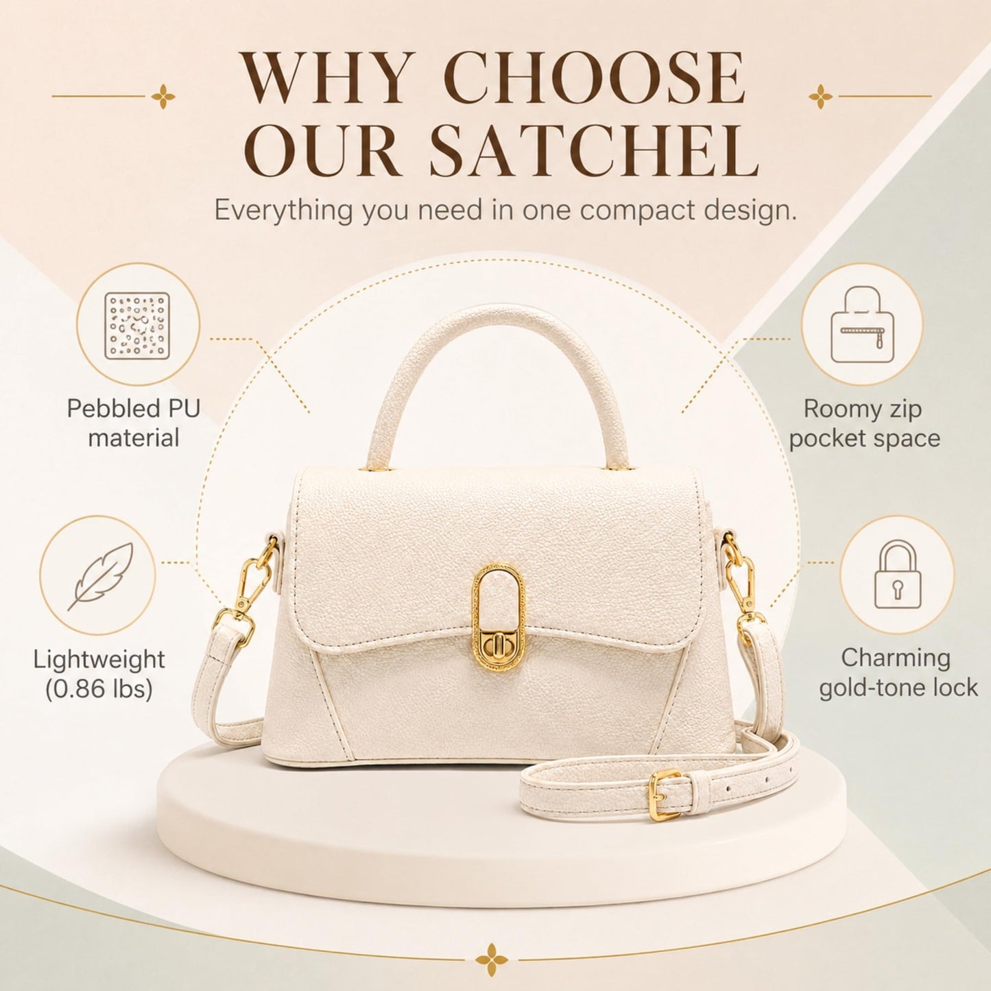Crossbody Bag for Women Small Satchel Purse, Pebbled PU Leather Handbag with Top Handle, Adjustable Strap, Gold Turn Lock, Zip Pocket, White Everyday Shoulder Bag
