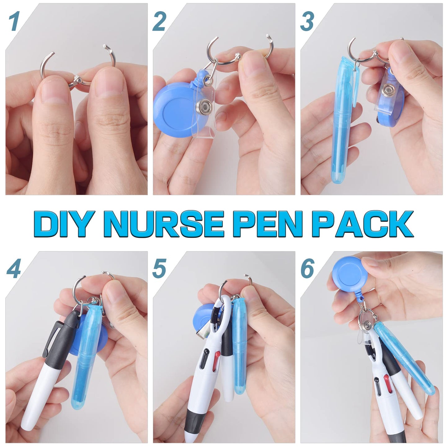 DLUGOPIS Nurse Pen Set - 6 Pieces Including Highlighter, Permanent Marker and Retractable Ball Pen, 24 Reels and 6 Badge Clips