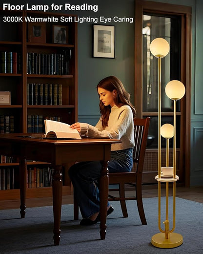 Lightdot Gold Globe Floor Lamp 3-Lights Dimmable Floor Lamps with Tray 3000K Bulbs Included Unique Floor Lamp Candle Holder Style Modern Standing Lamps for Living Room/Bedroom
