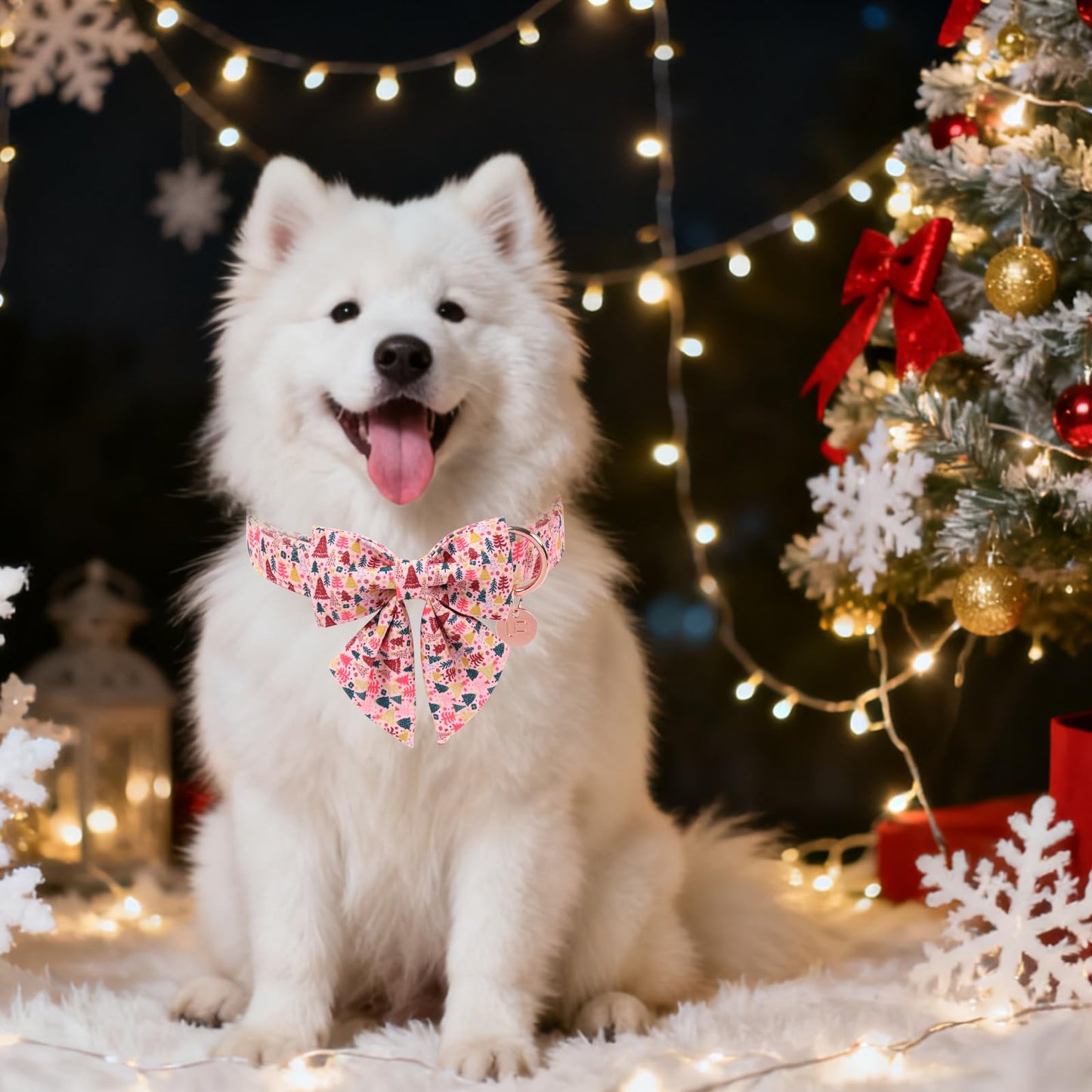 UP URARA PUP Christmas Dog Collar with Bow Tie, Pink Christmas Tree Collars for Dogs, Adjustable Pet Collar with Cute Xmas Tree Pendant, Winter Dog Accessories for Small Medium Large Dogs L
