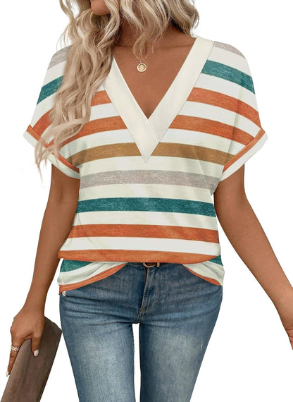 T Shirts Short Sleeve V Neck Tees Womens Tops Beach Vacation Fashion Clothes 2025 Casual Summer Spring Fall Outfits