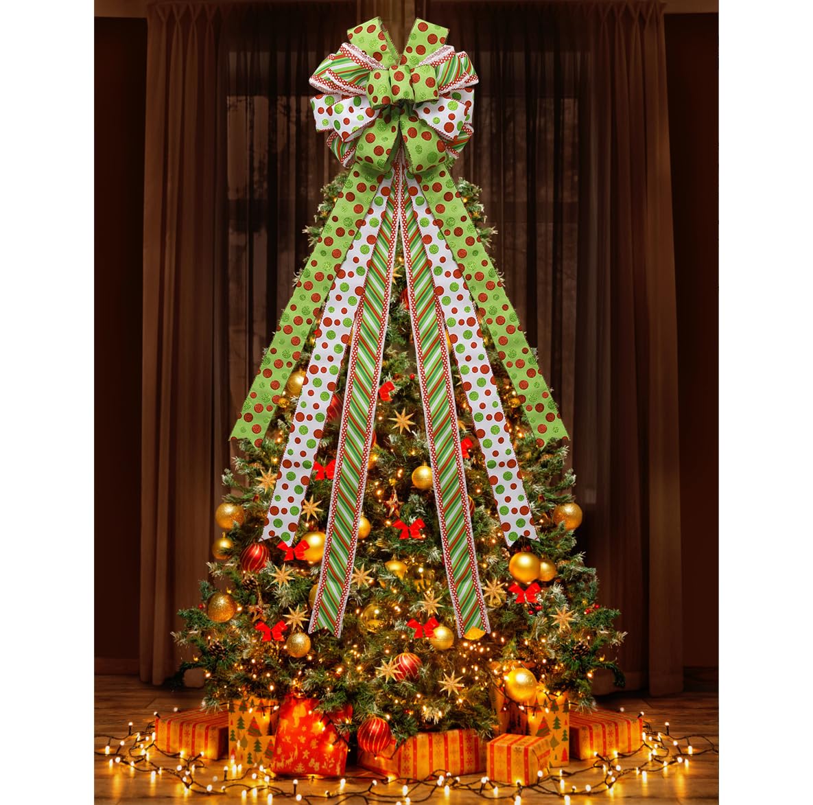 Fvviia Christmas Tree Topper Wreath Large Green Christmas Bow Tree Topper, Red Green Dot Polyester Gift Bow for Xmas Ornament Holiday Handmade Home Wedding Indoor/Outdoor Decoration-13 x 45 Inch