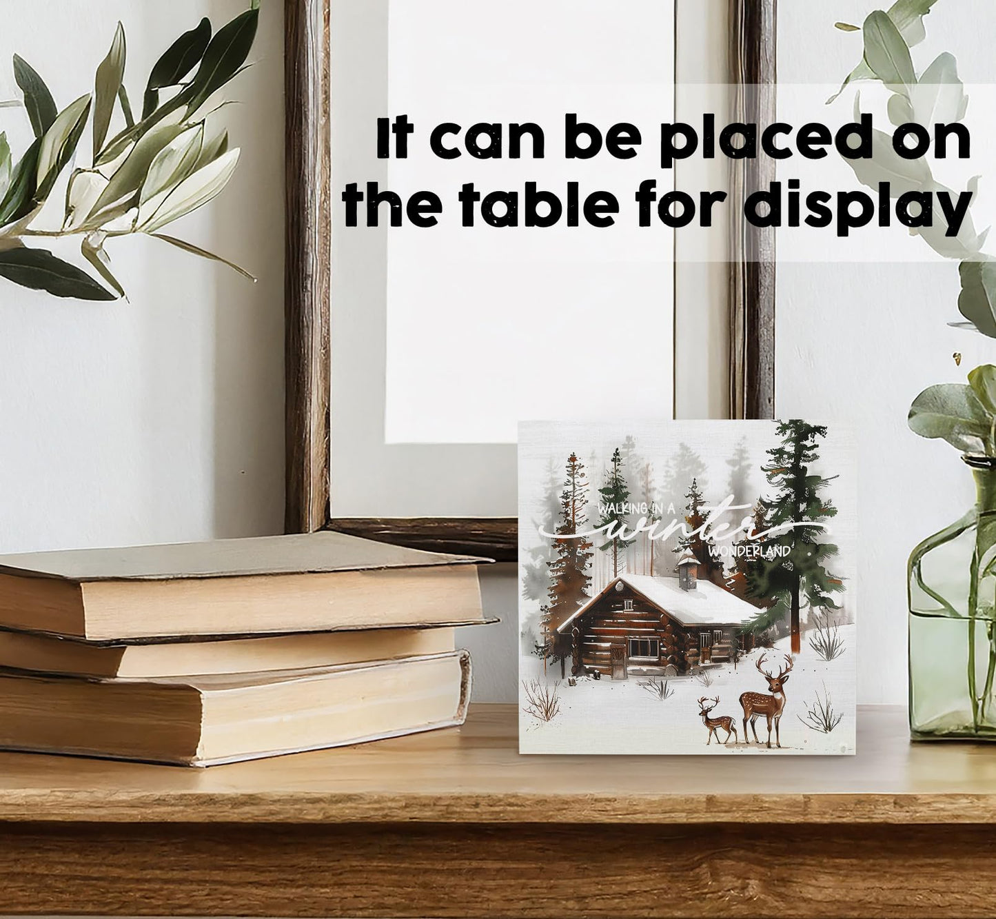 Nitelat Winter Sign, Winter Christmas Reindeer Wooden Box Sign, Farmhouse Xmas Decorations, Wonderland Decorations, Christmas Wood Signs for Home Office Desk Table Shelf Decor, 5x5 Inch