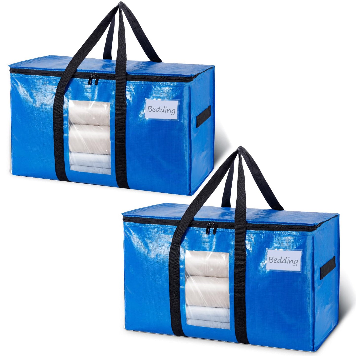 TAILI Extra Large Moving Bags, 2 Pack Blue Heavy Duty Totes For Storage with Visible Window, Wrap Around Handles, Storage Bags for Space Saving, Alternative to Moving Boxes