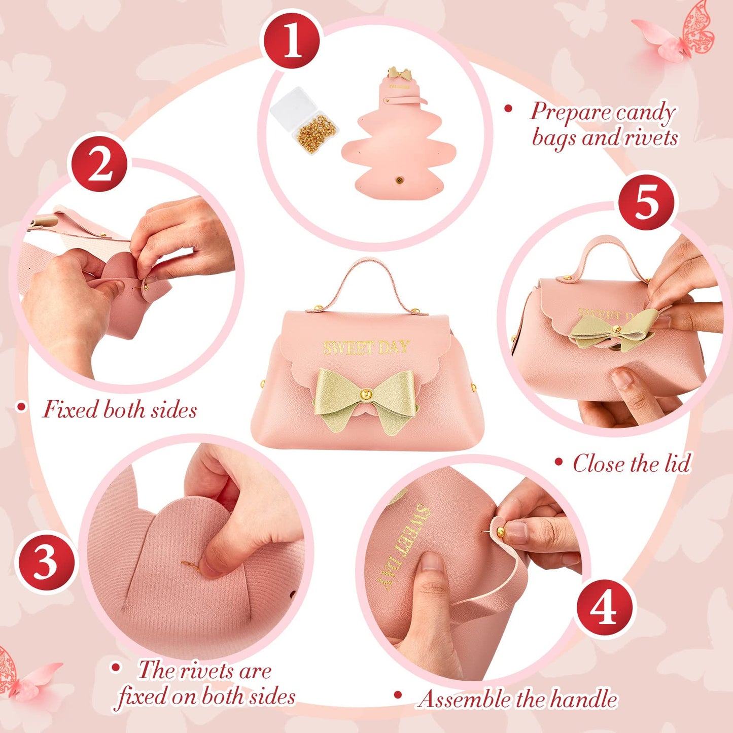 Dandat 24 Pcs PU Leather Bowknot Gift Boxes 5x3 Inch Reusable Candy Favor Bags with Handles, Elegant Mini Handbag Purse for Wedding, Birthday, Party Favors(Pink)