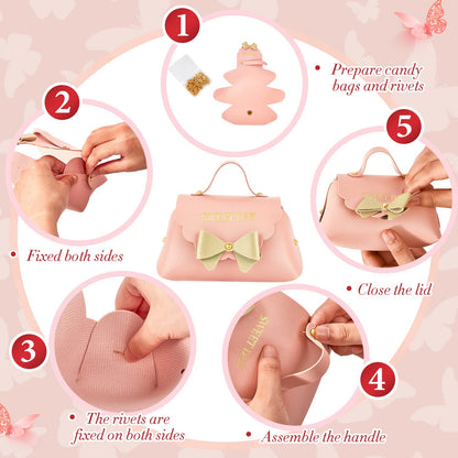Dandat 24 Pcs PU Leather Bowknot Gift Boxes 5x3 Inch Reusable Candy Favor Bags with Handles, Elegant Mini Handbag Purse for Wedding, Birthday, Party Favors(Pink)