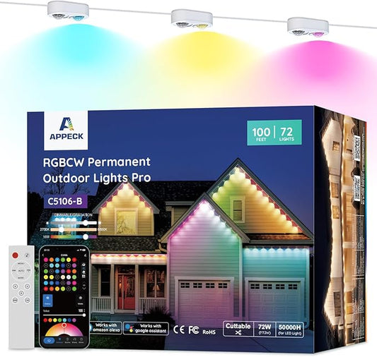 APPECK Permanent Outdoor Lights Pro 100ft, 72W RGBCW Eaves Lights with 72 LED Lights, 80lm, Cuttable, 111 Scene Modes, IP67 Waterproof Lighting for Halloween Decoration, Work with Alexa, White