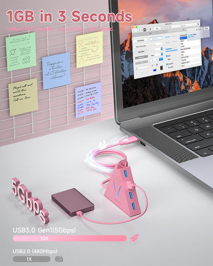4-Port USB 3.0 Hub, FlyingVHUB Vertical Data USB Hub with 2 ft Extended Cable, for Mac, PC, Xbox One, PS4, PS5, iMac, Surface Pro, XPS, Laptop, Desktop, Flash Drive, Mobile HDD(Pink)