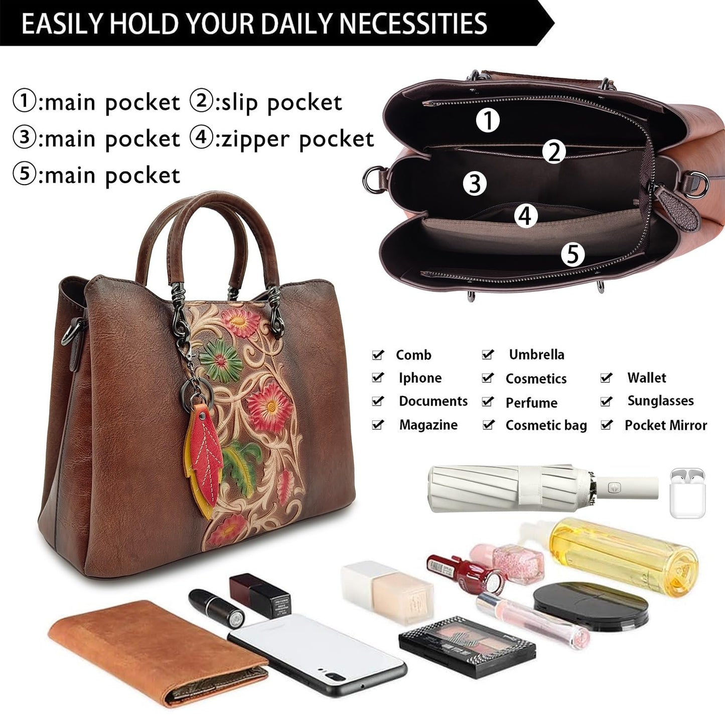 Genuine Leather Vintage Embossed Handbag for Women - Artisanal Cowhide Floral Crossbody Purse with Unique Craftsmanship (coffee)