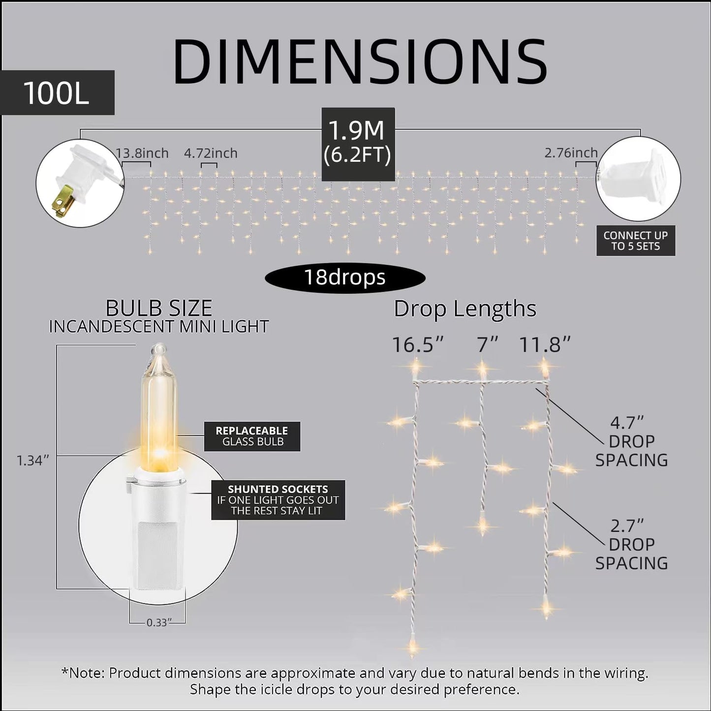 LAMPHOME 6.2FT 100 Clear Icicle Lights, White Wire, Indoor/Outdoor Christmas Holiday Lights