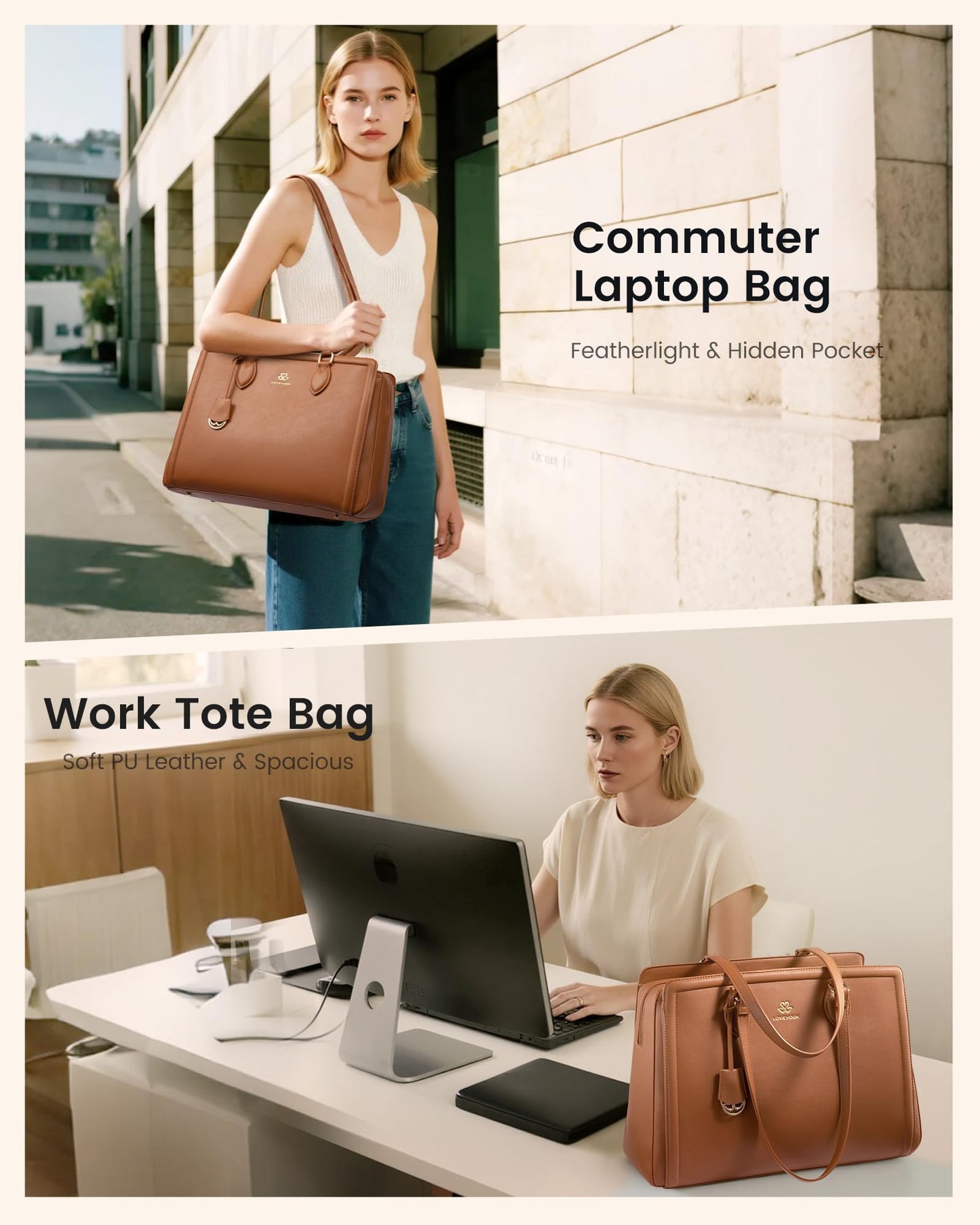 LOVEVOOK Laptop Tote Bag for Women,17.3 Inch Waterproof PU Leather Work Bag, Professional Computer Bags Business Office Work Briefcase Handbag Purse Shoulder, Office Gifts for Women, Brown