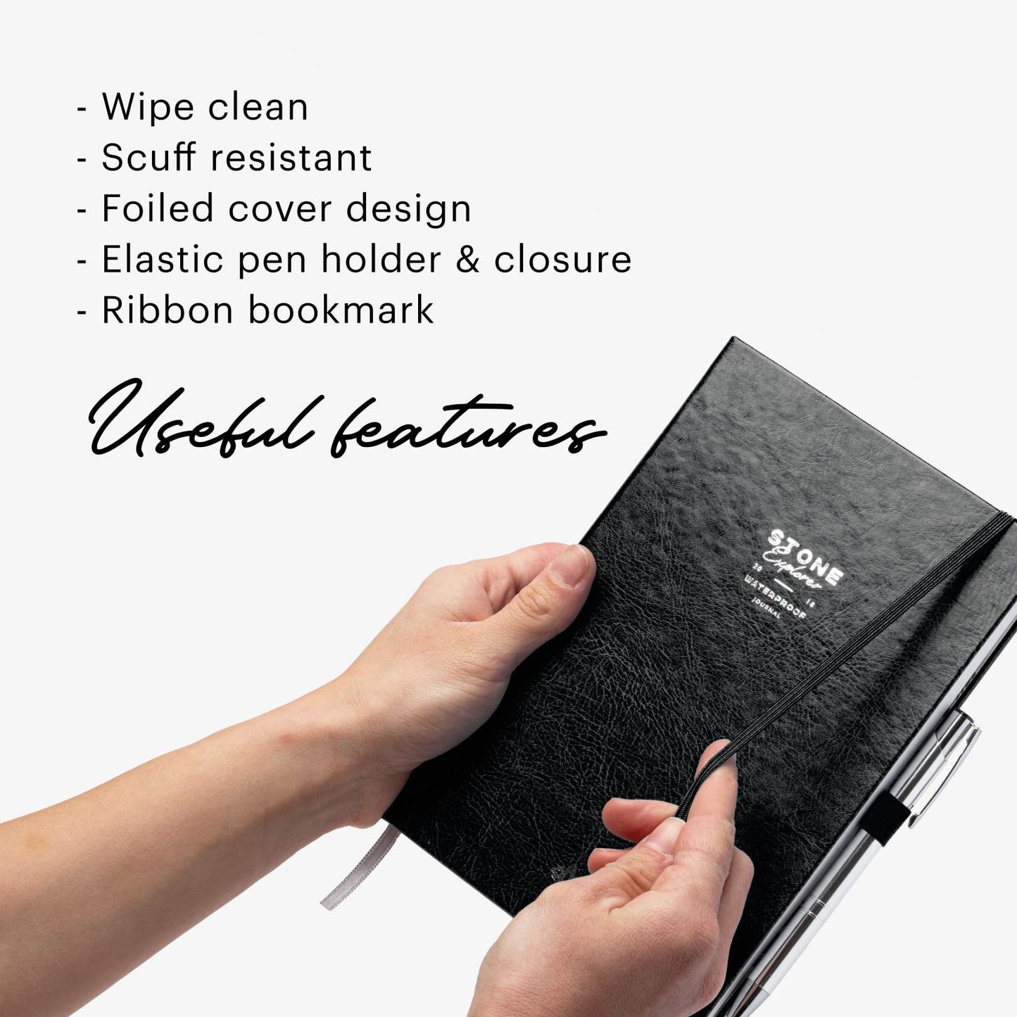 Stone Journal Explorer Notebook – A5 Waterproof Paper Field Journal, Vegan Leather Hardcover, 144 Pages Alternating Ruled & Dot Grid, Back Pocket, Weather-Resistant (Black)