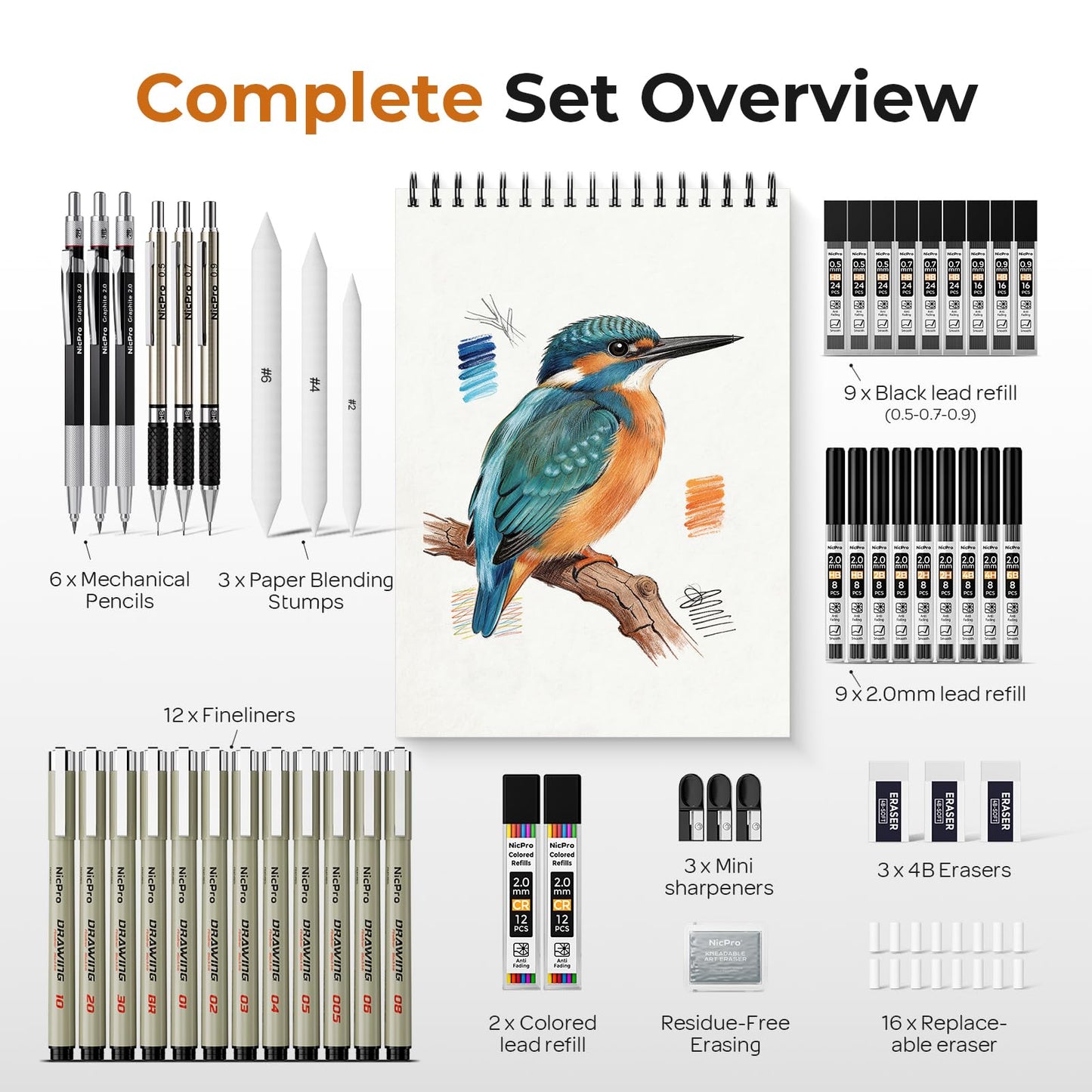 Nicpro 52PCS Art Drawing Supplies Kit, Metal Mechanical Pencil Set 0.5, 0.7, 0.9 & 2mm, 9x12 Sketch Book, 12 Fineliner Pens, 20 Tubes Leads, School Supplies Drawing Kit for Artist Adults Sketching