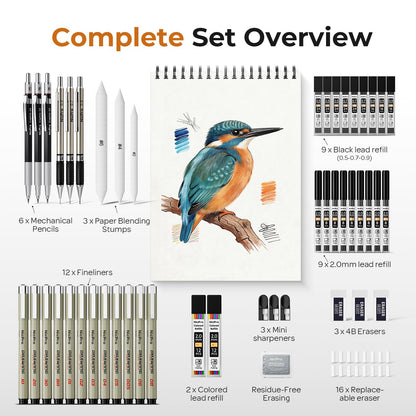 Nicpro 52PCS Art Drawing Supplies Kit, Metal Mechanical Pencil Set 0.5, 0.7, 0.9 & 2mm, 9x12 Sketch Book, 12 Fineliner Pens, 20 Tubes Leads, School Supplies Drawing Kit for Artist Adults Sketching