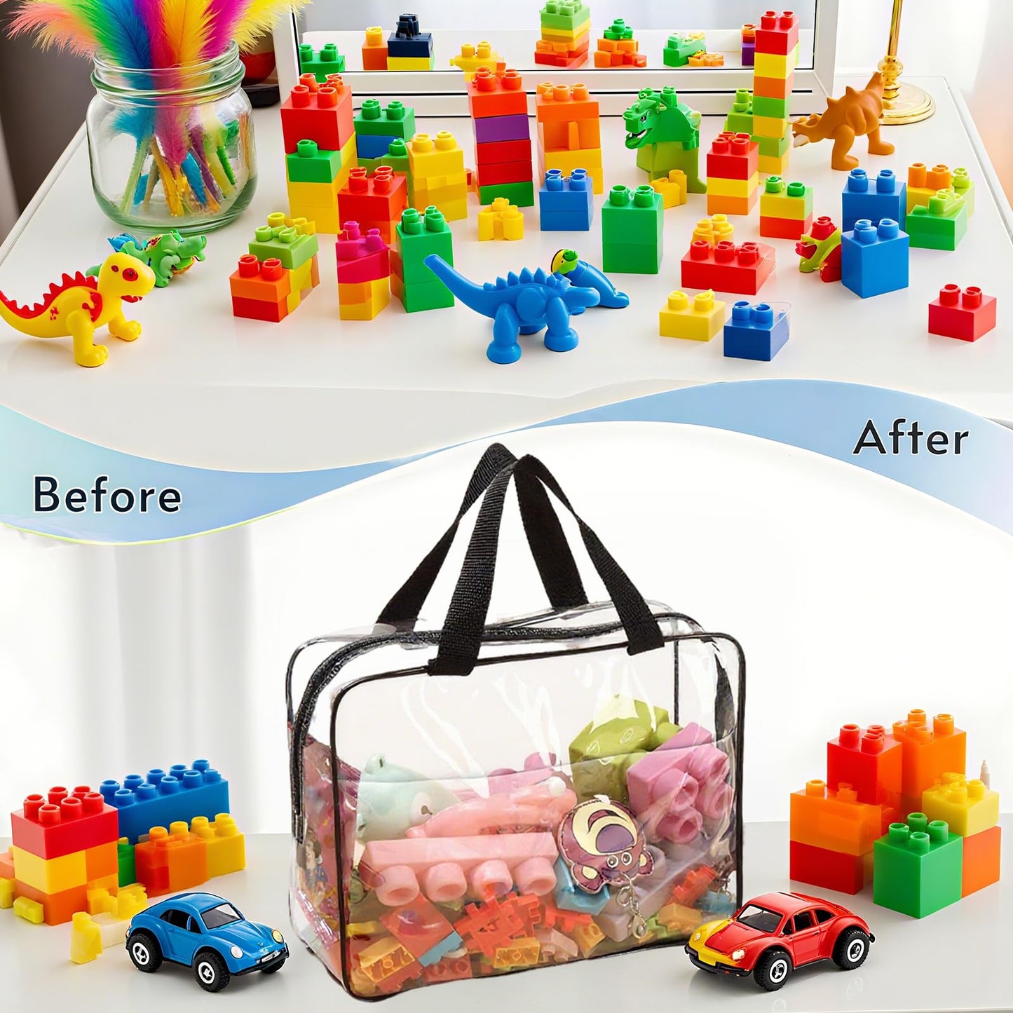 Dismok 6 Pcs Storage Bags with Zipper - Large Board Game Storage with Labels, Clear & Waterproof Toy Organizer for Building Blocks, Puzzles (Black)