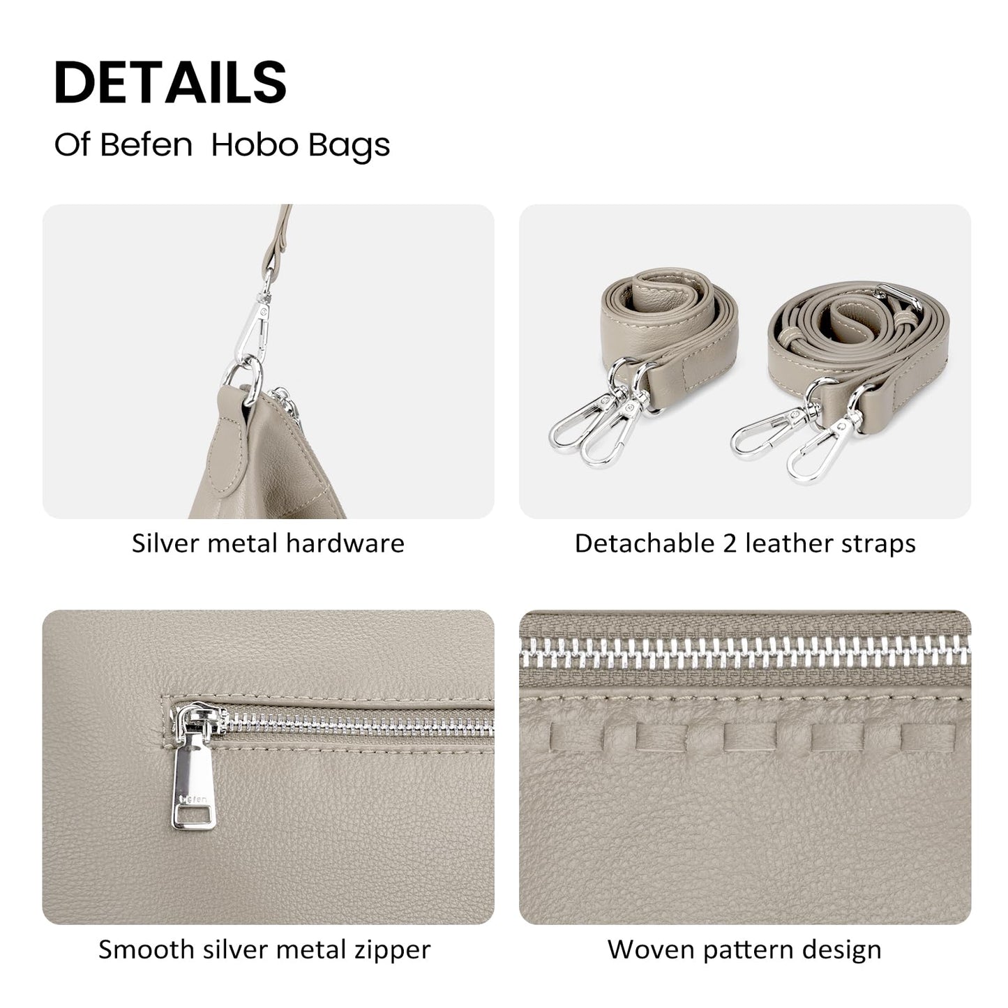 befen Soft Shoulder Purses for Women Genuine Leather, Medium Crossbody Hobo Purses for Women, Ladies 100 Percent Real Leather Purse, Lightweight Shoulder Handbags Beige Grey