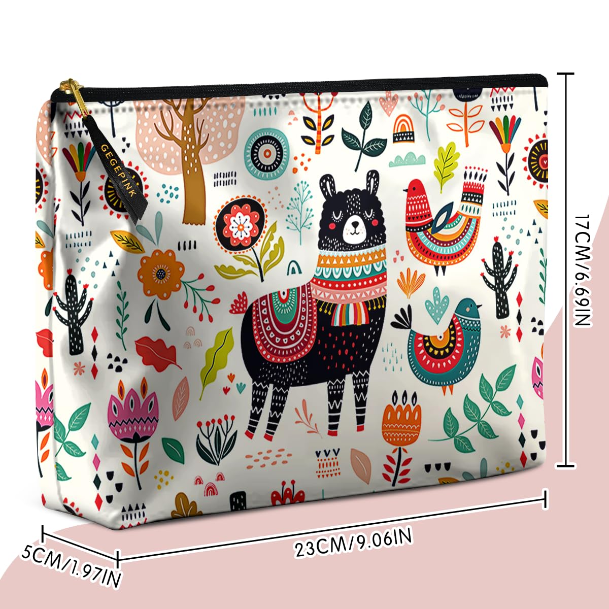GEGEPINK Cute Makeup Bag for Purse Waterproof Cosmetic Bags for Women Funny Smooth Zipper Travel Toiletry Pouch 10X8 Inches-Creamy Alpaca Makeup pouch