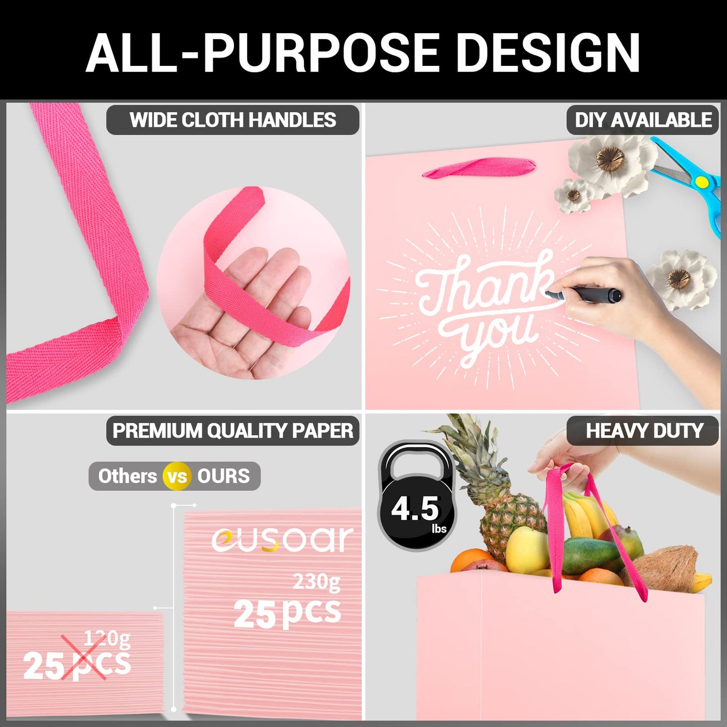 EUSOAR Small Pink Gifts Wrap Bags, 25 Pack 5.9x2.3x7.8 inches Shopping Bags with Handles Bulk, Party Favor Wrapping Bags for Wedding, Craft Grocery, Boutique, Retail, Business