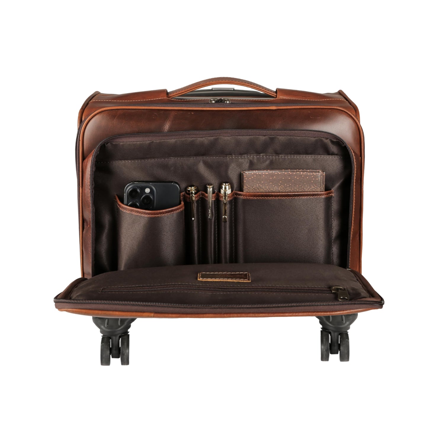 KomalC Leather Rolling Briefcase for Men – Wheeled Laptop Bag with 21” Trolley Handle, Premium Buffalo Leather Business Travel Case