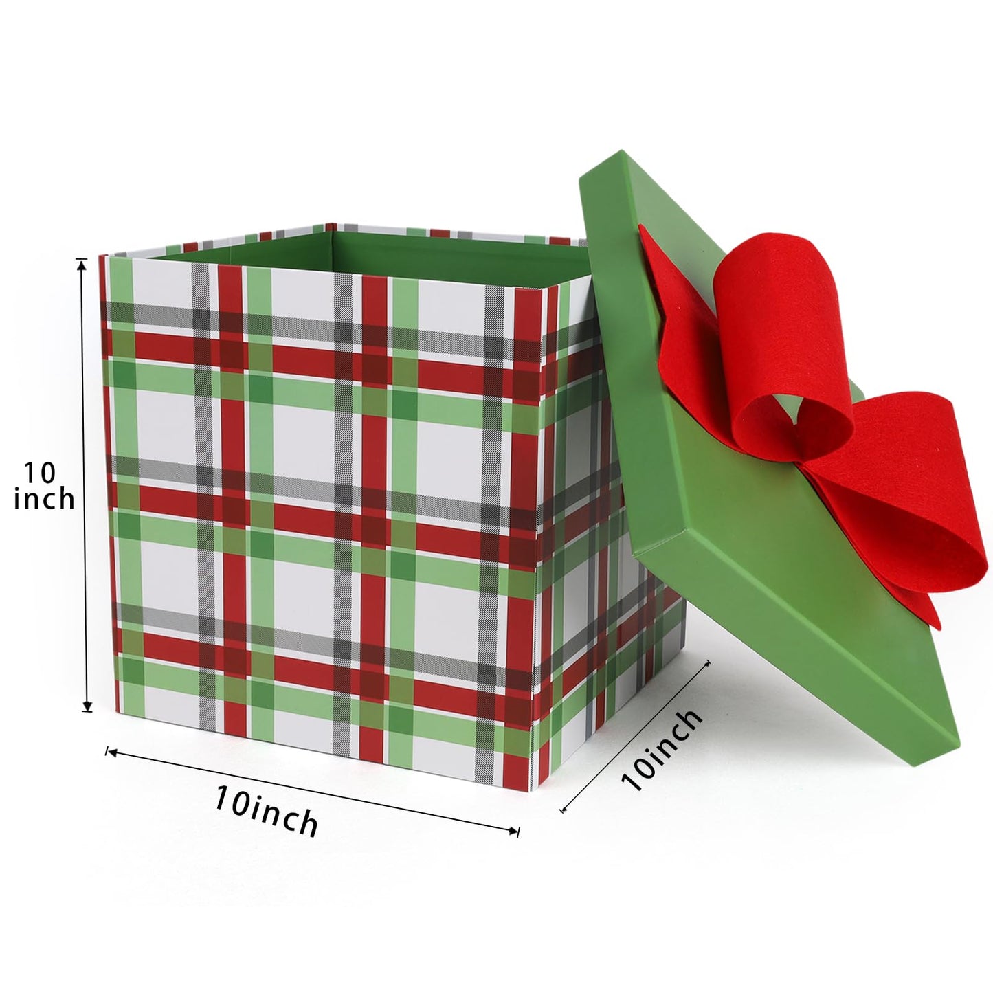 LaRibbons Large Christmas Gift Boxes with Lids,10x10x10 Inches Plaid Design Folding Square Gift Boxes for Christmas Decorative,Xmas,Present,Storage,Red and Green