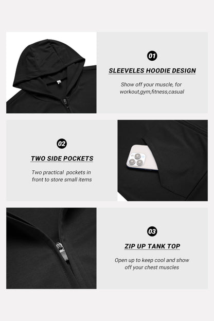 COOFANDY Men 2 Pack Fitness Tank Top Cotton Cutoff T Shirt Zip Gym Hoodies Workout Hooded Tank Athletic Black and Dark Grey L