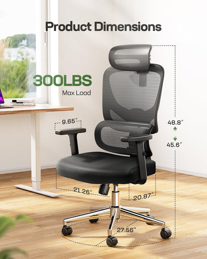 Marsail Ergonomic Office Chair Desk Chair,Gaming Chair with Height Adjustable Lumbar Support,Breathable Mesh Seat Adjustable Swivel Rolling Home Executive, Adjustable Armrest& 2D Headrest,Black
