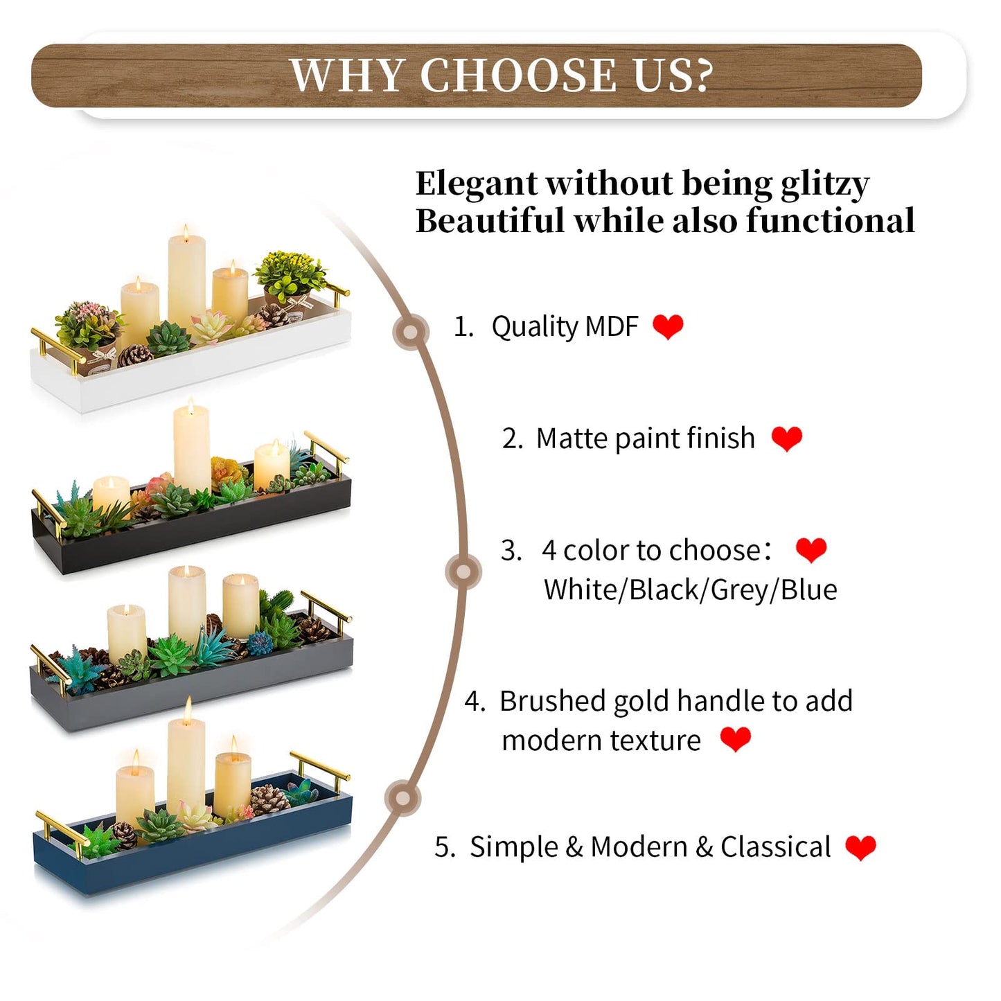 Hanobe Long Tray for Table Centerpiece: Decorative Narrow Trays Wooden Candle Holder - Centerpiece Tray with Handles for Home Decor Dining Table Coffee Bar Living Room,White