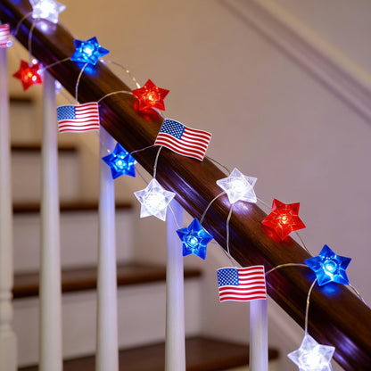 TWINGLEHOME 100LED Patriotic Star Lights with Copper Wire, Waterproof Adaptor and American Flag, Multifunctional Lighting Modes (Red, Cool White, Blue), Plug-in for Indoor Holiday, Nation Day