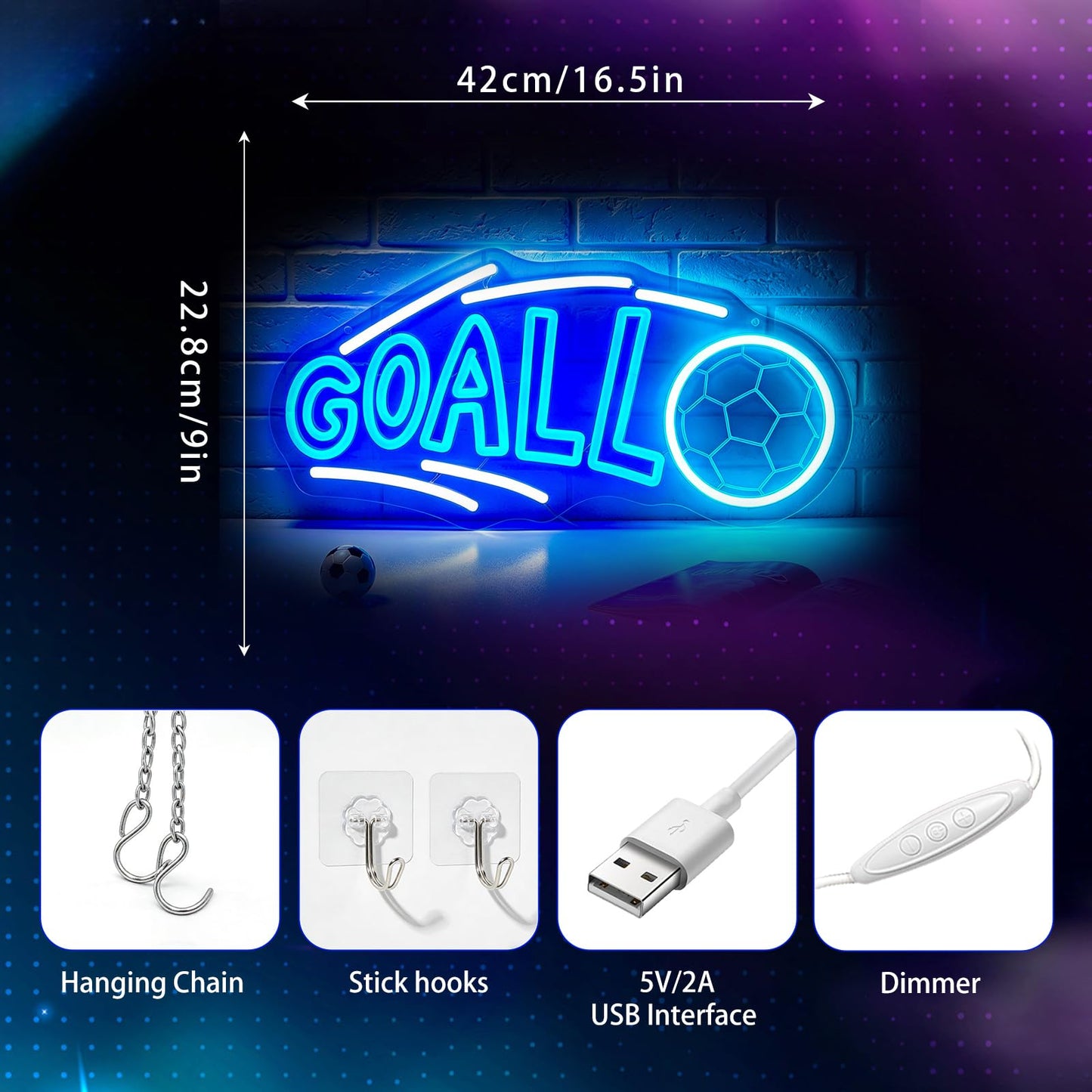 Gdbkabf Soccer Neon Sign, Goal Neon Signs for Wall Decor - Dimmable Football LED Signs for Fans, Sports Themed, Bedroom, Man Cave, Gaming Room, Home Decor - USB Powered Light Up Sign Decorations Gift