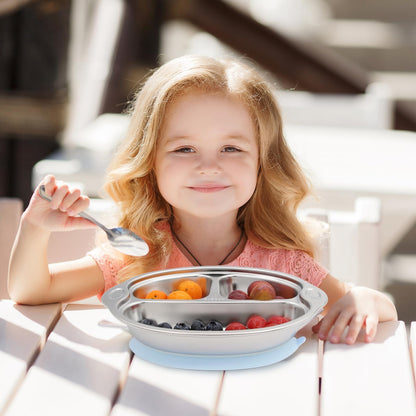 Mrs. Chou® BPA-Free 100% Food-Grade Stainless Steel Baby Plates with Suction Divided Designed for Babies and Toddlers, Ideal for Kids Infant Baby-Led Weaning Toddler Feeding Supplies Dishwasher Safe