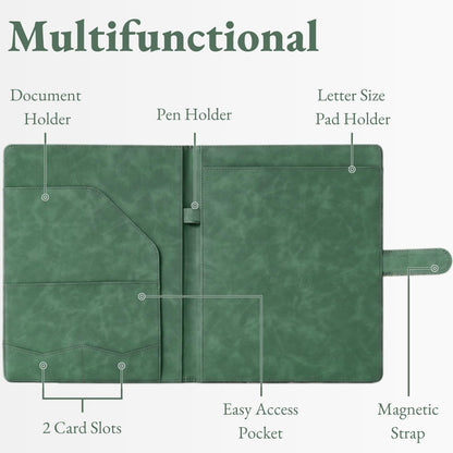 Mymazn Padfolio Portfolio Binder, Faux Leather Interview Resume Folder with Document Organizer & Business Card Holder, Letter-Sized Notepad Legal Pad Holder for Women Men (Green)