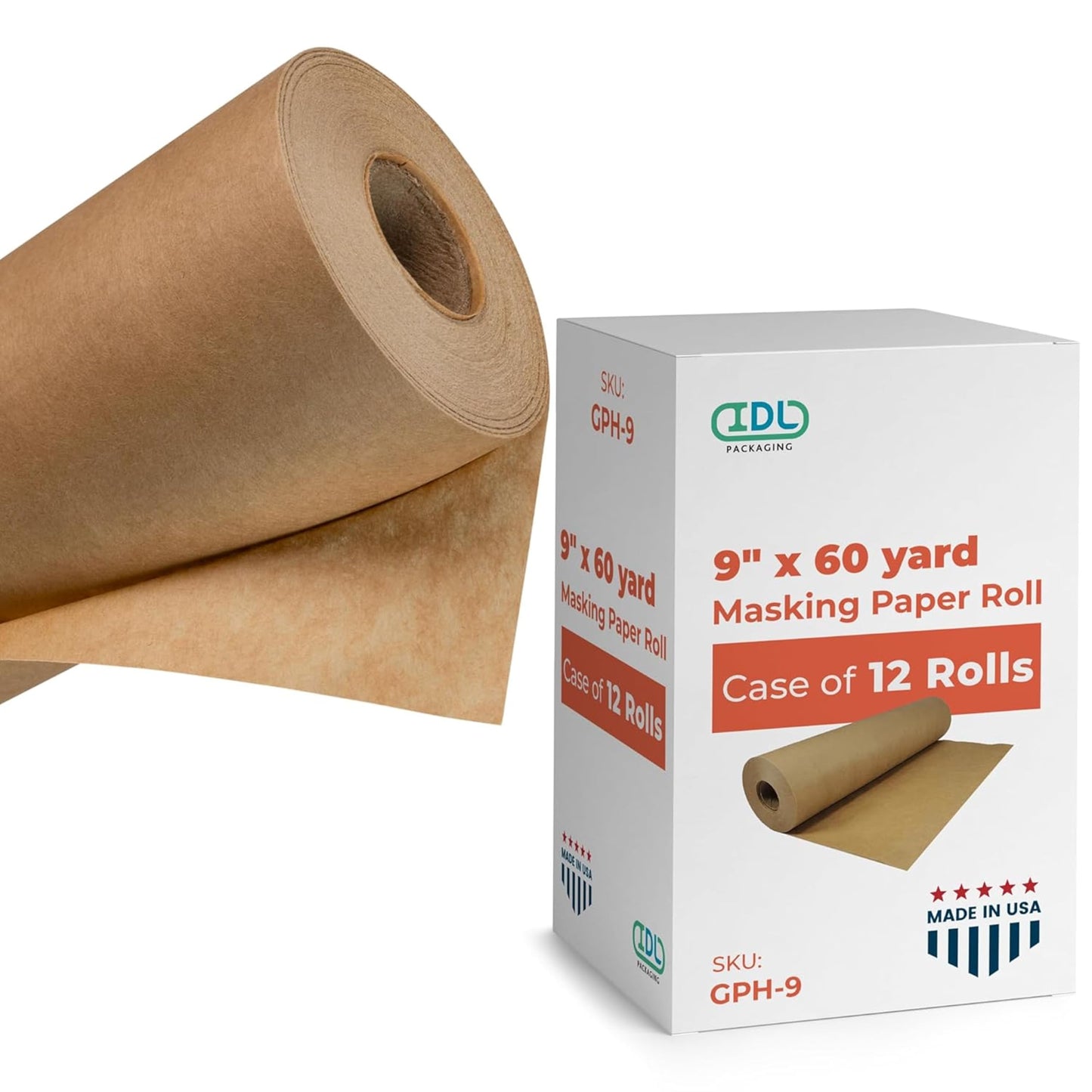 IDL Packaging 9" x 60-Yard Brown Masking Paper Roll to Cover Area (Case of 12) - Natural Painters Kraft Paper Roll for Painting - Floor Covering for Protection from Water-Based Materials