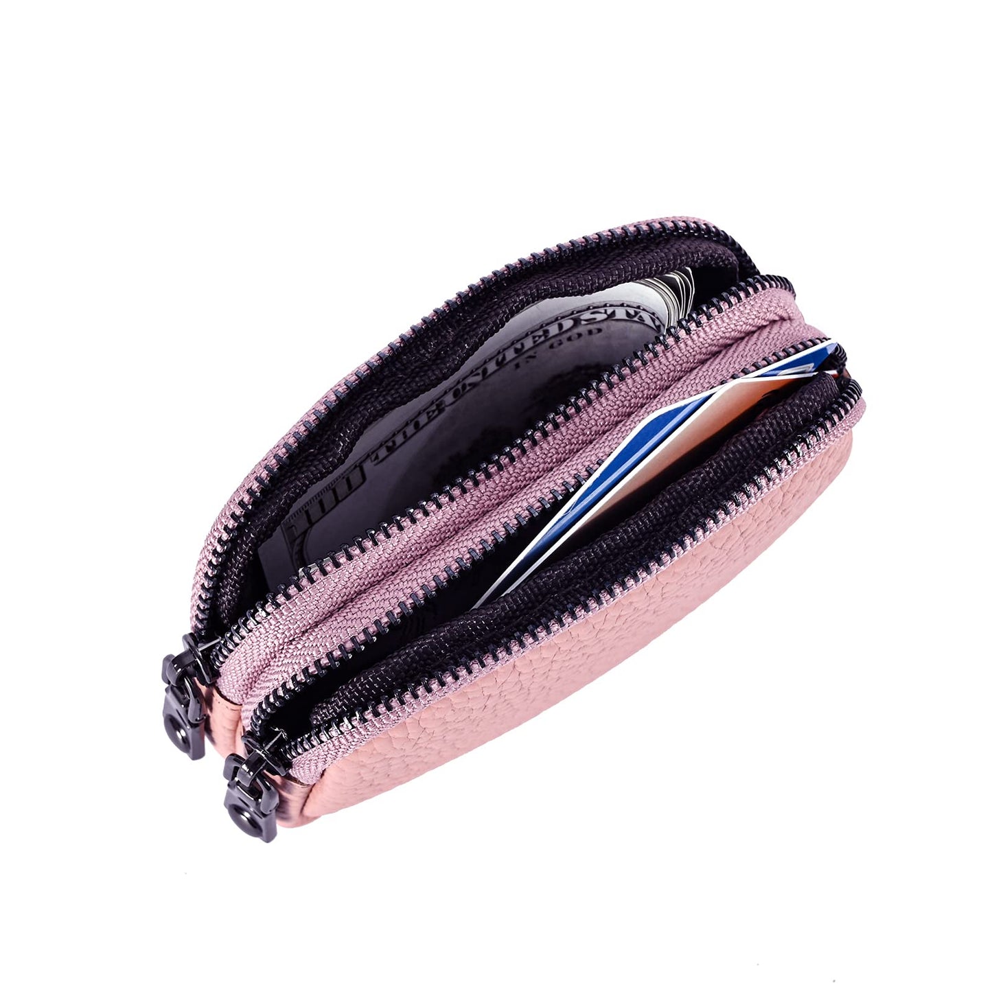 Yocipa Genuine Leather Coin Purse for Women Small Double Zipper Wallet Mini Change Pouch with Bee Charm for Cash Cards Keys Cute Compact Organizer (Pink)