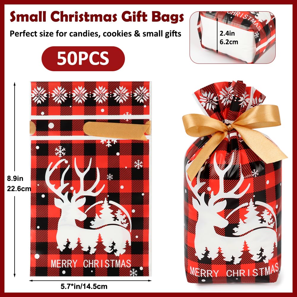 Shintop 50PCS Christmas Treat Bags with Drawstring, 5.9x9inch Buffalo Plaid Small Gift Bags Plastic Holiday Candy Pouches for Cookies Goodie Snacks Party Favors (Red & Green)