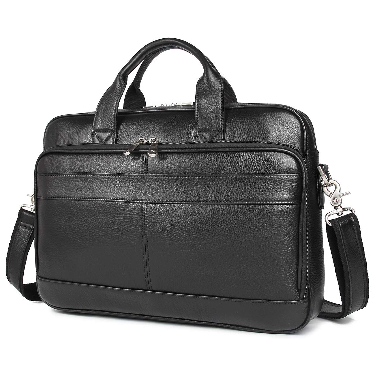 Augus Genuine Leather Messenger Bag for Men Vintage Travel Backpack 14 inch laptop Briefcase Shoulder Bags Black With YKK Metal Zipper