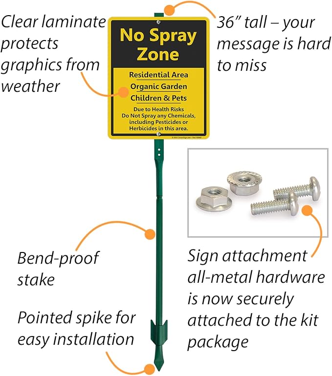 SmartSign 12" x 10" 'No Spray Zone Residential Area, Organic Garden, Children And Pets' LawnBoss Yard Sign with 3 ft Stake, 40 mil Laminated Aluminum, Black/Yellow, Set of 1, USA-Made